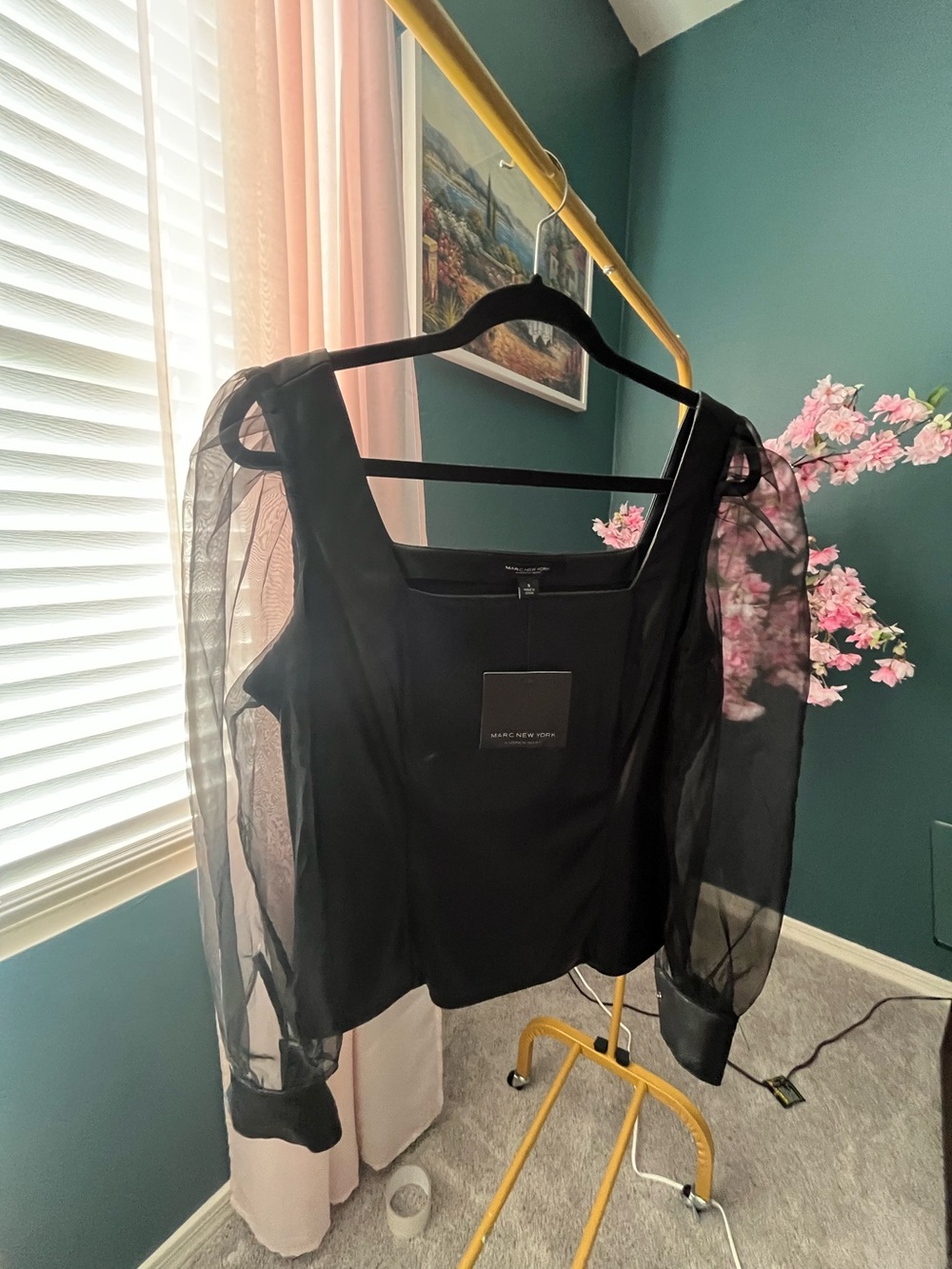 White House Black Market Black Square-Neck Top with Sheer Puff Sleeves
